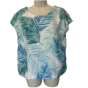 Tahari 100% Linen Palm Leaf Tropical Cap Sleeve Boxy Blouse Back Button Resort